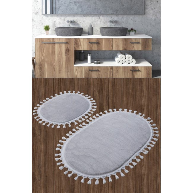 Набор ковриков для ванной Карвен POST DOKUMA OVAL SACAKLI/мех с бахрамой 50*60-60*100 KV 413 gri/серый