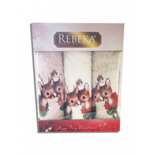 Набор полотенец кухонный "ЗИМА-ОЛЕНЬ" 3D махра 30*50 3шт. НМ 523(V-1)-27 пудровый/бежевый