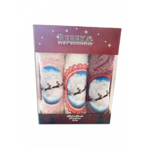 Набор полотенец кухонный"ЗИМА-ОЛЕНЬ"3D махра 30*50 3шт.НМ 523(V-1)-30пудровый/лиловый