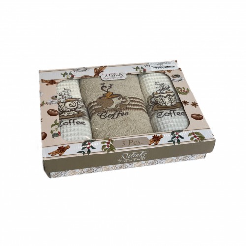 Набор полотенец кухонный NILTEKS" КОФЕ"вафля (2)/махра (1) 50*70-3 шт. НМ 741 v5 крем/бежевый