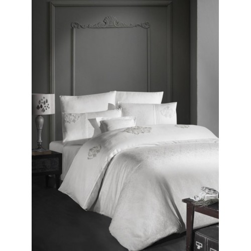 Постельное белье "Карвен" (жаккард с кружевами) евро Mirabel Cream
