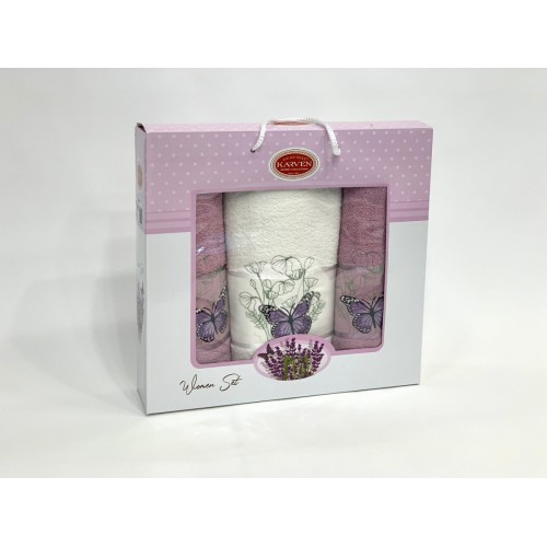 Набор полотенец Карвен "KELEBEK" махра 50*90(2)/70*140 HS 1659 v 9 крем/сиреневый