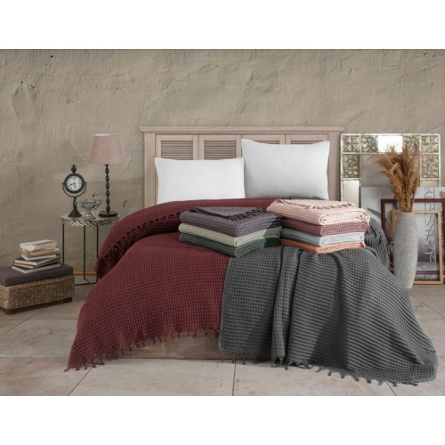 Плед KARVEN "WAFFLE P?KE"с бахромой 200*220 хлопок евро Р 928 бордовый