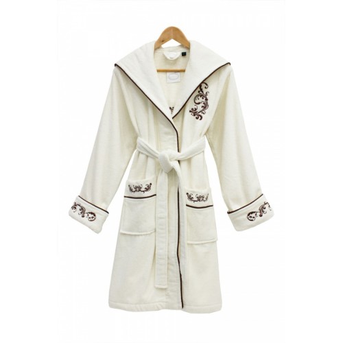 Халат Каrven "УЗОР"женский с капюшоном велюр B 1108 крем/коричневый L/XL