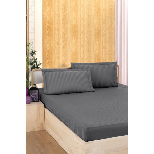 Простынь Карвен Stripe Satin на резинке+наволочки 160*200 +33см/ 50*70(2)+5см сатин antrasit/антрацит (Акция)