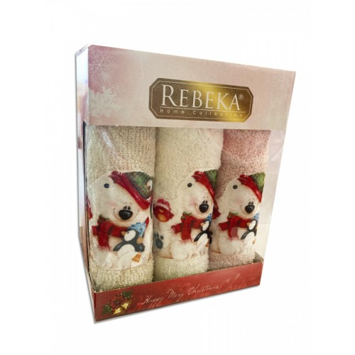 Набор полотенец кухонный "ЗИМА-СНЕГОВИК" 3D махра 30*50 3шт. НМ 523(V-1)-4 бежевый/пудровый
