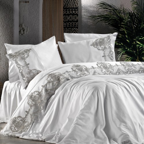 Постельное белье Zebra casa сатин с кружевом евро N169 EVORIUM gri