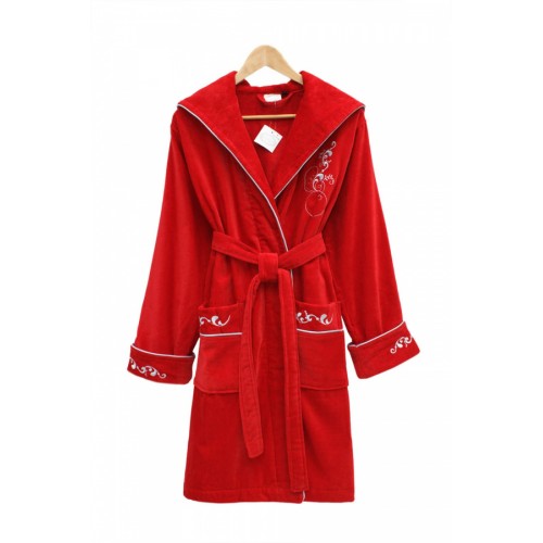 Халат Каrven "УЗОР"женский с капюшоном велюр B 1108 красный L/XL