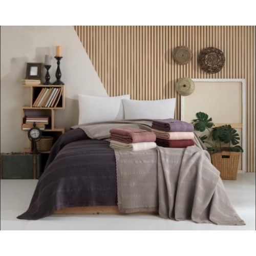 Плед KARVEN "DANTELLI WAFFLE P?KE"с кружевом 200*220 хлопок евро Р 931 св.серый