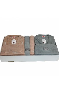 Набор из мужского и женского халата с полотенцами Karven "Перья" B 1115 v2 pudra/gri/yesil