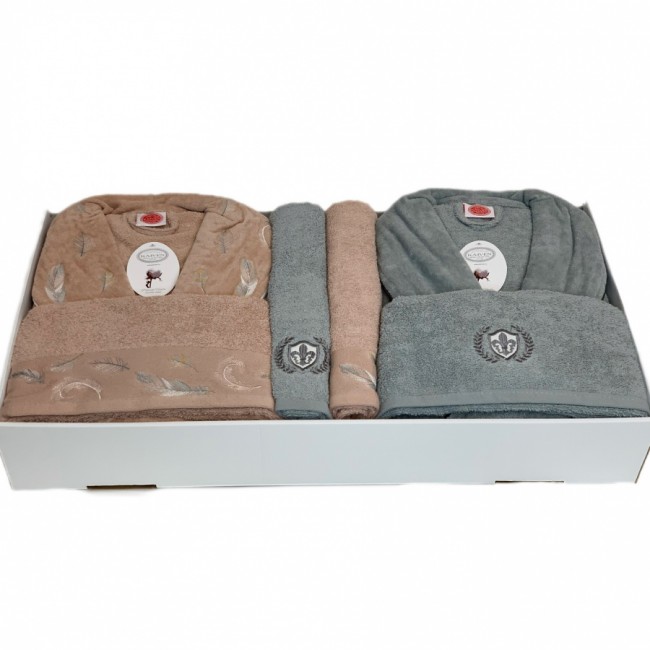 Набор из мужского и женского халата с полотенцами Karven "Перья" B 1115 v2 pudra/gri/yesil