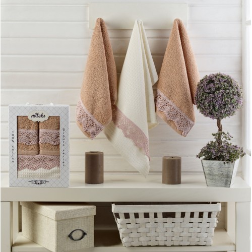 Набор полотенец кухонный LA RITA с кружевом махра 30*50 (2)/вафля 40*60(1) 3 шт НМ 749 v2 крем/пудра