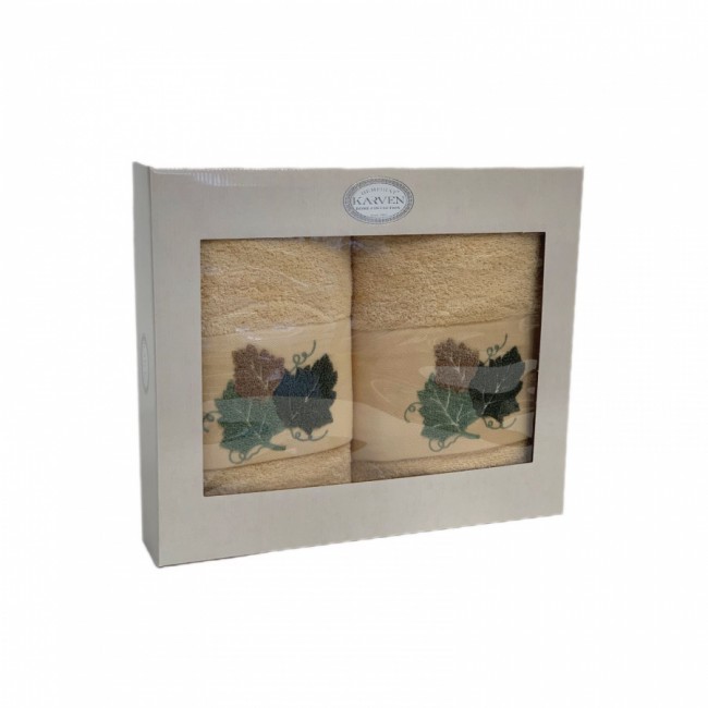 Набор полотенец в коробке Карвен "ЛИСТЬЯ" махра 50*90/70*140 HS1719 v4 песочный (Акция)