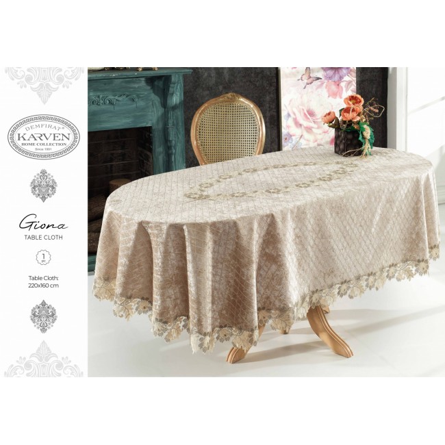 Скатерть Карвен "GIONA" 220*160 велюр с кружевом овал M 786 krem/кремовый Скатерть Карвен "GIONA" 220*160 велюр с кружевом овал M 786 krem/кремовый