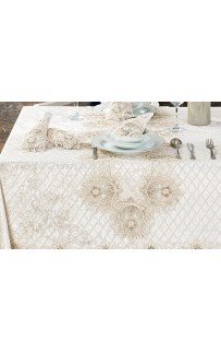 Скатерть Карвен "GRAND" 160*300 с салфетками велюр с кружевом 31 предмет M 799 krem/кремовый