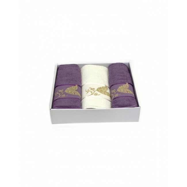 Набор полотенец Карвен "ALTIN YAPRAK"махра 50*90(2)/70*140 HS 1631 v6 крем/т.лиловый