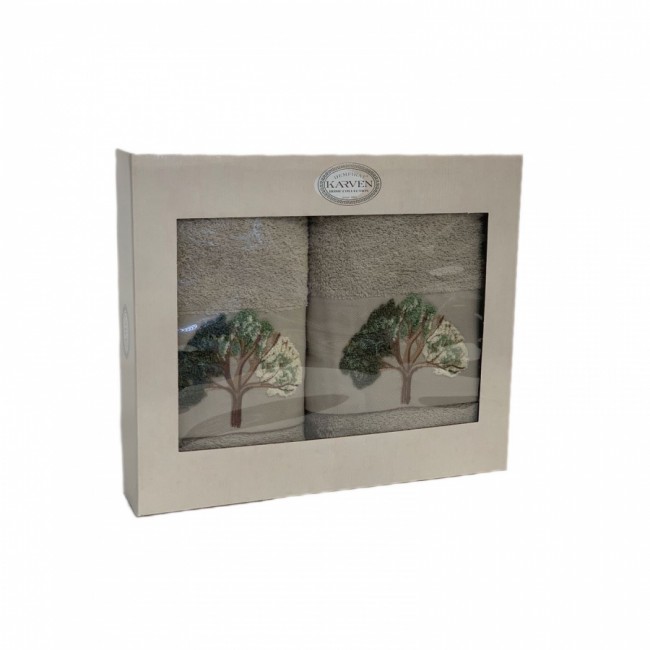 Набор полотенец в коробке Карвен "ДЕРЕВО" махра 50*90/70*140 HS1719 v2 серо-бежевый (Акция)