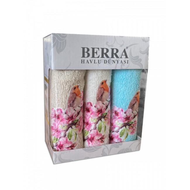 Набор полотенец кухонный "ВЕСНА-ПТИЦЫ" 3D махра 30*50 3шт. НМ 523(V-2)-5 бежевый/голубой