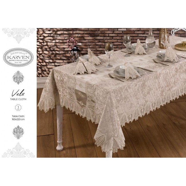 Скатерть Карвен "VELS"160*220 велюр с кружевом M 788 krem/кремовый Скатерть Карвен "VELS"160*220 велюр с кружевом M 788 krem/кремовый