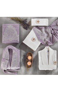 Халат Zebra "TERME" (муж.+жен.)с полотенцами 50*90(2)/70*140(2) бамбук В 1086 крем/фиолет (Акция)