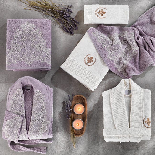 Халат Zebra "TERME" (муж.+жен.)с полотенцами 50*90(2)/70*140(2) бамбук В 1086 крем/фиолет (Акция)