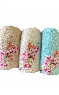 Набор полотенец кухонный "ВЕСНА-ПТИЦЫ" 3D махра 30*50 3шт. НМ 523(V-2)-5 бежевый/голубой