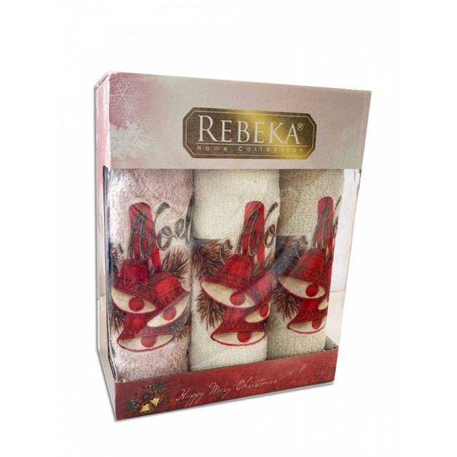 Набор полотенец кухонный "ЗИМА-КОЛОКОЛЬЧИК" 3D махра 30*50 3шт. НМ 523(V-1)-25 пудровый/бежевый