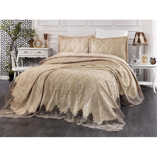 Комплект EVELINA (Покрывало+постельное белье+парфюм) евро 7 предметов "ZUMRUT" Y 816 бежевый