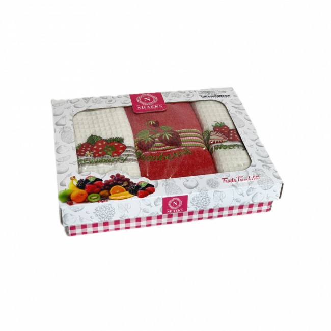 Набор полотенец кухонный Karven"КЛУБНИКА"вафля (2)/махра (1) 50*70-3 шт. НМ 741 v9 крем/красный