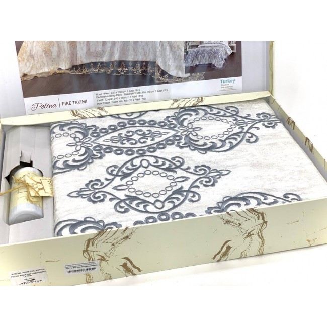 Комплект EVELINA (Покрывало+постельное белье+парфюм) евро 7 предметов "POLINA"Y 817 крем-серый (Акция)