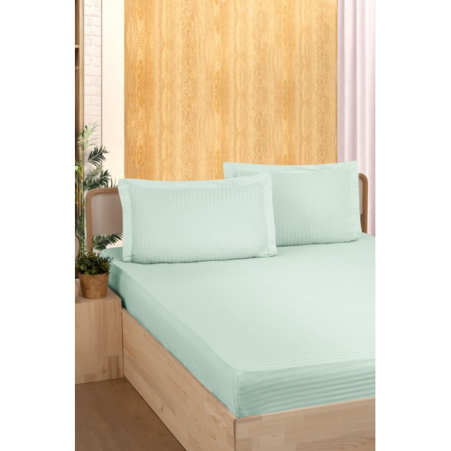 Простынь Карвен Stripe Satin на резинке+наволочки 180*200 +33см/ 50*70(2)+5см сатин mint/ментоловый (Акция)