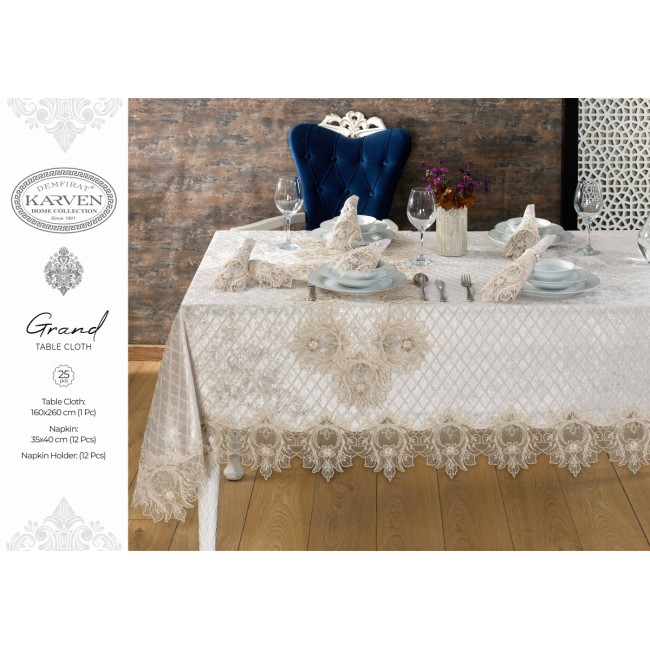 Скатерть Карвен "GRAND" 160*300 велюр с кружевом M 796 capuccino/капучино