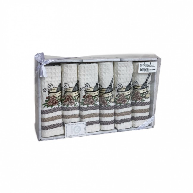 Набор полотенец кухонный NILTEKS "КОФЕ С ЦВЕТАМИ"вафля в коробке 35*45 6 шт. НМ 766 v3 крем/кофейный