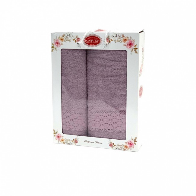 Набор полотенец Карвен "OYA DANTELLI"(V-2 лиловый) с гипюром махра 50*90 / 70*140 HS 1586 (Акция)