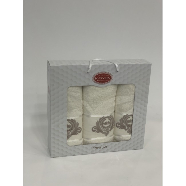 Набор полотенец Карвен " TAG" махра 50*90(2)/70*140 HS 1690 v1 кремовый Набор полотенец Карвен " TAG" махра 50*90(2)/70*140 HS 1690 v1 кремовый