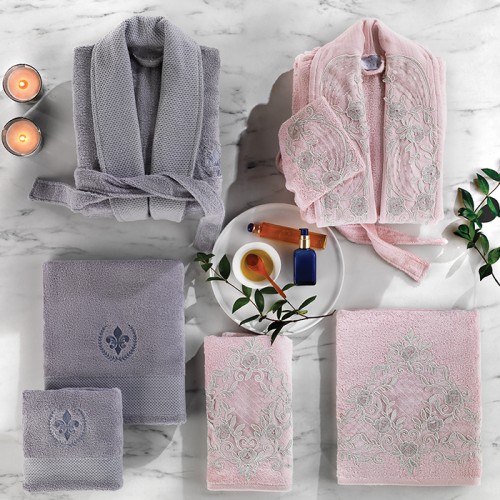 Халат Zebra "ELSA" (муж.+жен.)с полотенцами 50*90(2)/70*140(2) бамбук В 1093 серый/пудра (Акция)