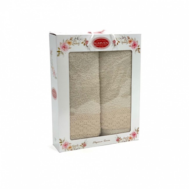 Набор полотенец Карвен "OYA DANTELLI"(V-4 бежевый) с гипюром махра 50*90 / 70*140 HS 1586 (Акция)