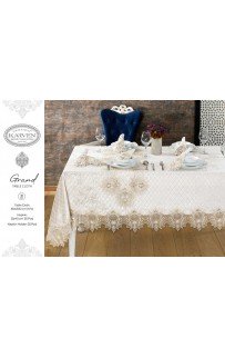 Скатерть Карвен "PETRANA" 160*220 с салфетками велюр с кружевом 25 предметов M 797 krem/кремовый