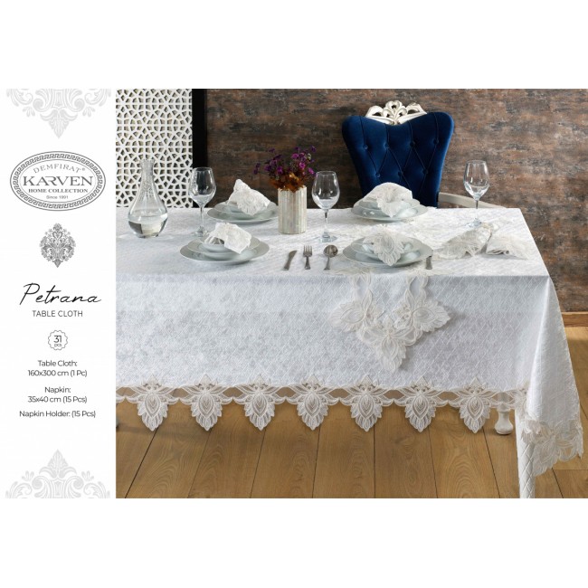 Скатерть Карвен "PETRANA" 160*300 с салфетками велюр с кружевом 31 предмет M 799 krem/кремовый