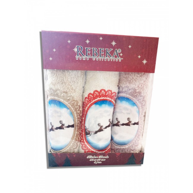 Набор полотенец кухонный "ЗИМА-ОЛЕНЬ" 3D махра 30*50 3шт. НМ 523(V-1)-29 бежевый/сиреневый