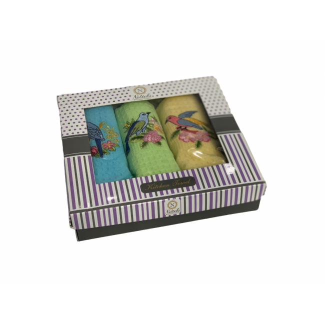 Набор полотенец кухонный NILTEKS "ЦВЕТЫ-ПТИЦЫ" вафля 40*60-3 шт. НМ 740 v12 голуб/салат/желтый