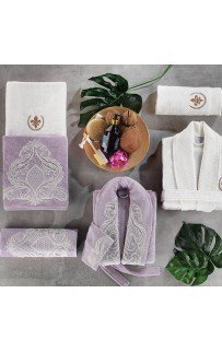 Халат Zebra "POPPI" (муж.+жен.)с полотенцами 50*90(2)/70*140(2) бамбук В 1087 крем/фиолет (Акция)