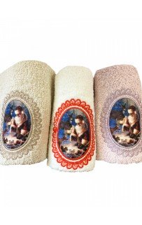 Набор полотенец кухонный "ЗИМА-САНТА" 3D махра 30*50 3шт. НМ 523(V-1)-11 бежевый/сиреневый