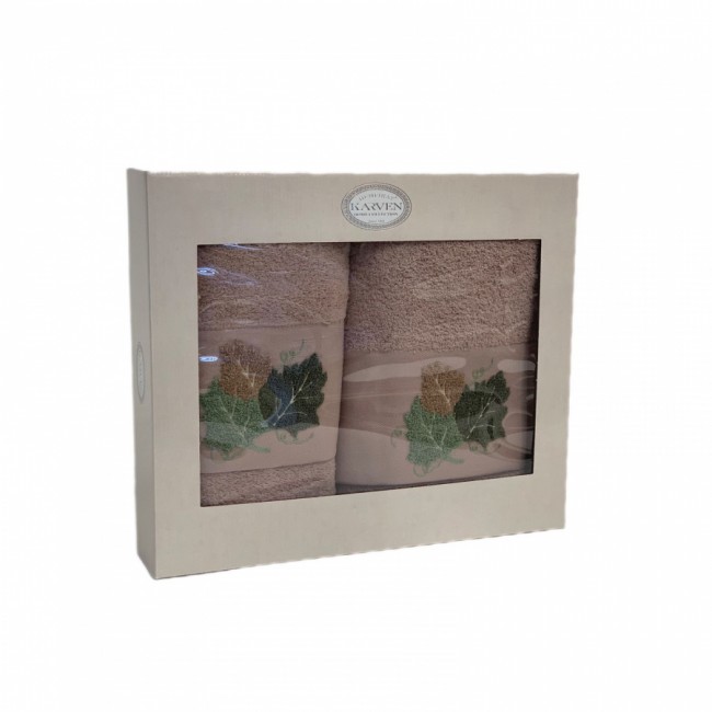 Набор полотенец в коробке Карвен "ЛИСТЬЯ" махра 50*90/70*140 HS1719 v3 какао (Акция)