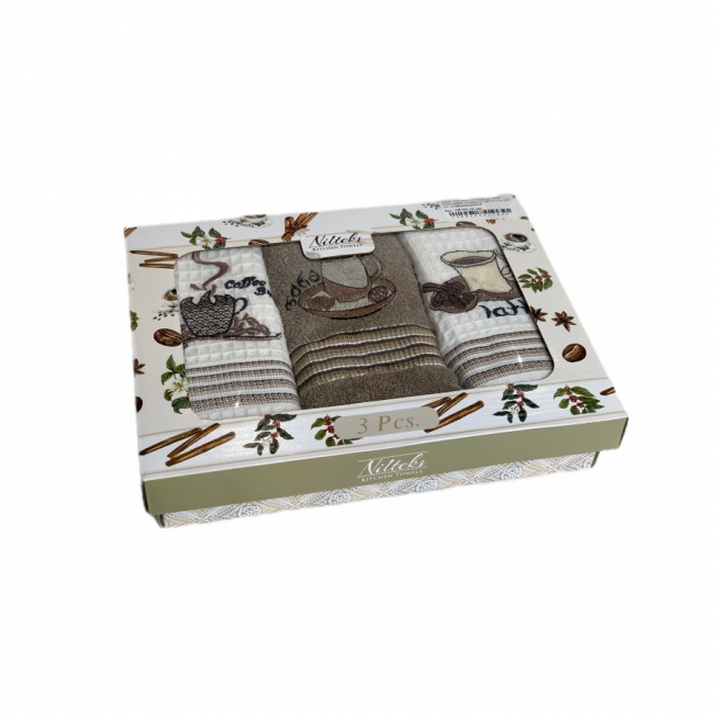 Набор полотенец кухонный NILTEKS" КОФЕ"вафля (2)/махра (1) 50*70-3 шт. НМ 741 v2 белый/кофейный