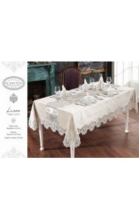 Скатерть Карвен "LUCCA"160*300 с салфетками велюр с кружевом 31предмет M 793 cappuccino/капучино