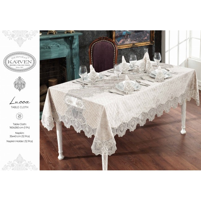 Скатерть Карвен "LUCCA"160*300 с салфетками велюр с кружевом 31предмет M 793 cappuccino/капучино