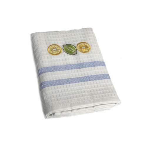 Полотенце кухонное Карвен вафля вышивка 50*75 12 шт. HM 779 v3 голубой Лимон-лайм (Акция)
