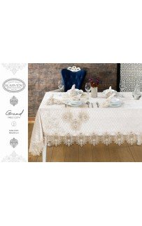 Скатерть Карвен "GRAND" 160*300 с салфетками велюр с кружевом 31 предмет M 799 krem/кремовый