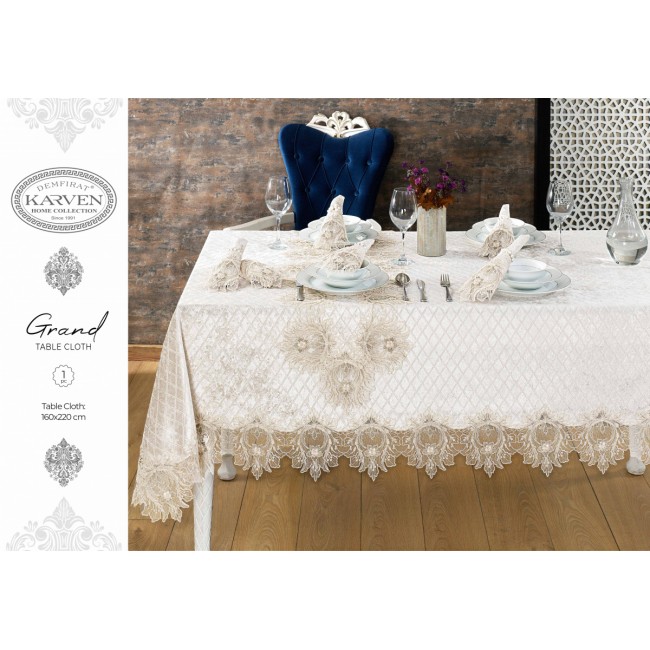 Скатерть Карвен "GRAND" 160*300 с салфетками велюр с кружевом 31 предмет M 799 krem/кремовый